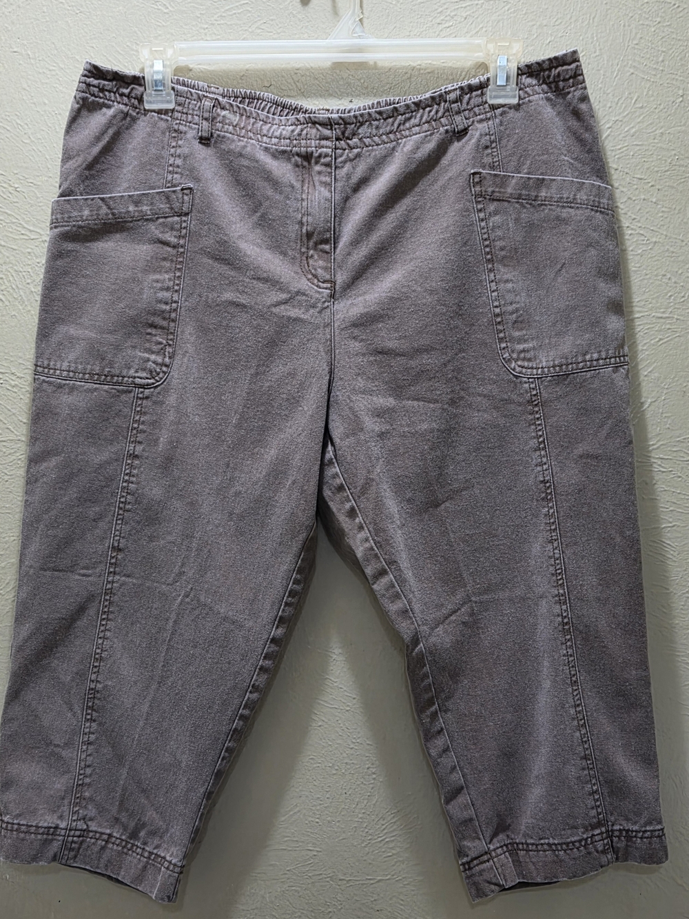 Denim 24/7 Womens 18W Brown Capri Pants Elastic Waist Cotton Cropped Pockets
